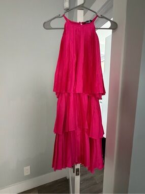 Bright Pink Tiered Pleated Halter Dress strut & Bolt